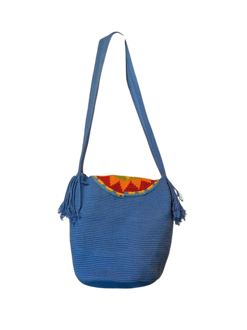 Handwoven Blue Crossbody Bag with Orange Sunburst Flap - Picture 4 of 6
